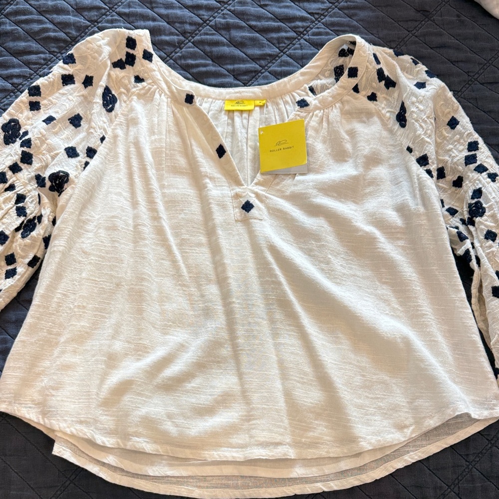 Roberta Roller Rabbit White Blouse with Navy Embroidery